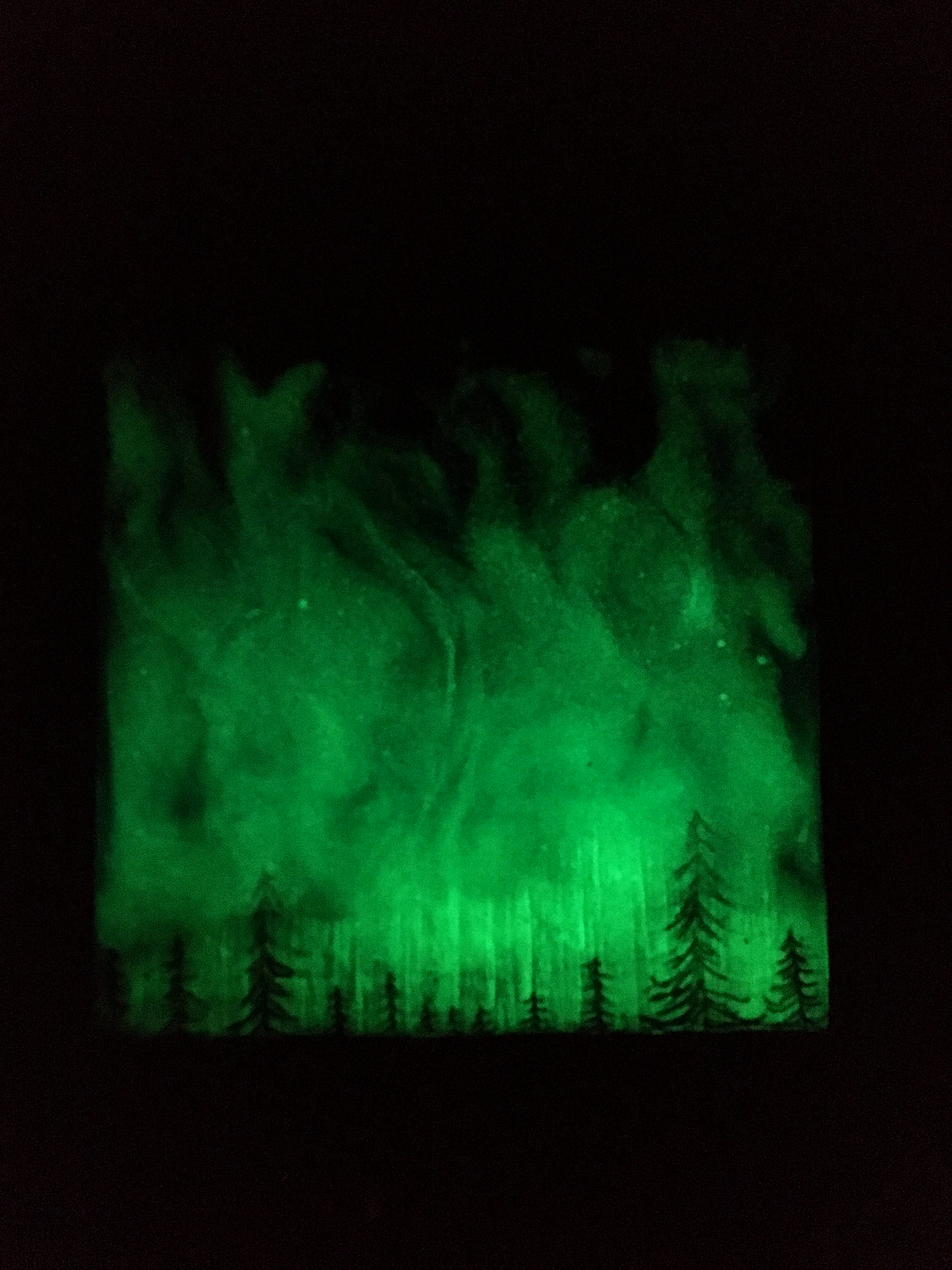 Northern Lights glowing in a vivid light green against a backdrop of trees