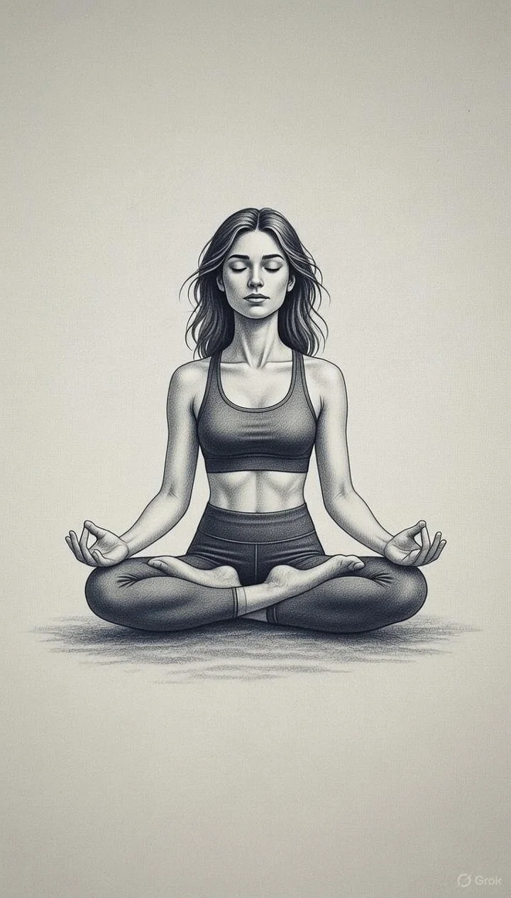 A black-and-white illustration of a woman practicing yoga, sitting cross-legged with her hands resting on her knees in a meditative pose, eyes closed, in a serene expression.