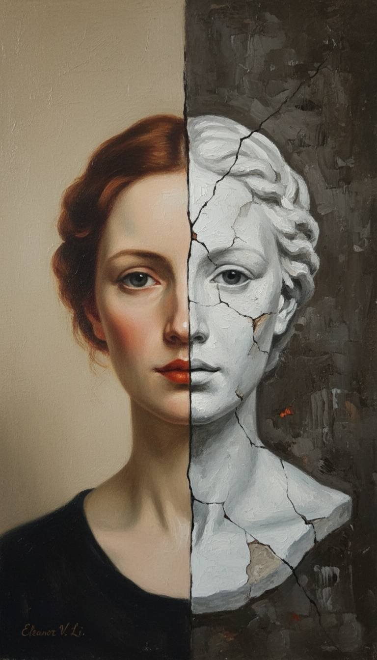 A painting split vertically, showing a realistic portrait of a woman on the left side and a cracked marble bust of a woman on the right side.