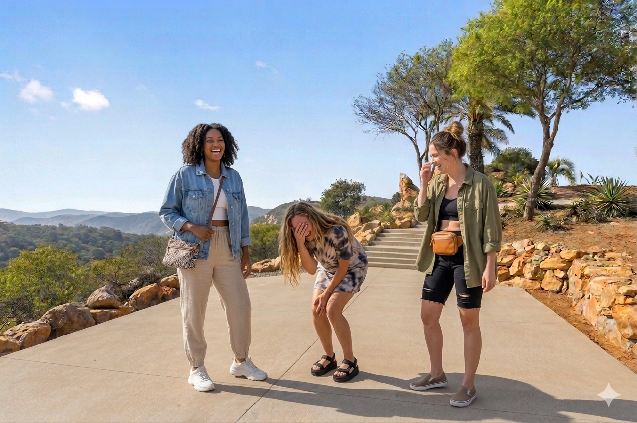 Four young women standing on a sidewalk outdoors, laughing and smiling, with trees and mountains in the background on a sunny day.