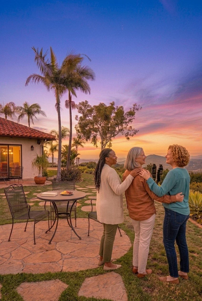 Three women standing together outdoors at sunset, with a house, palm trees, and mountains in the background, engaging in conversation and smiling.