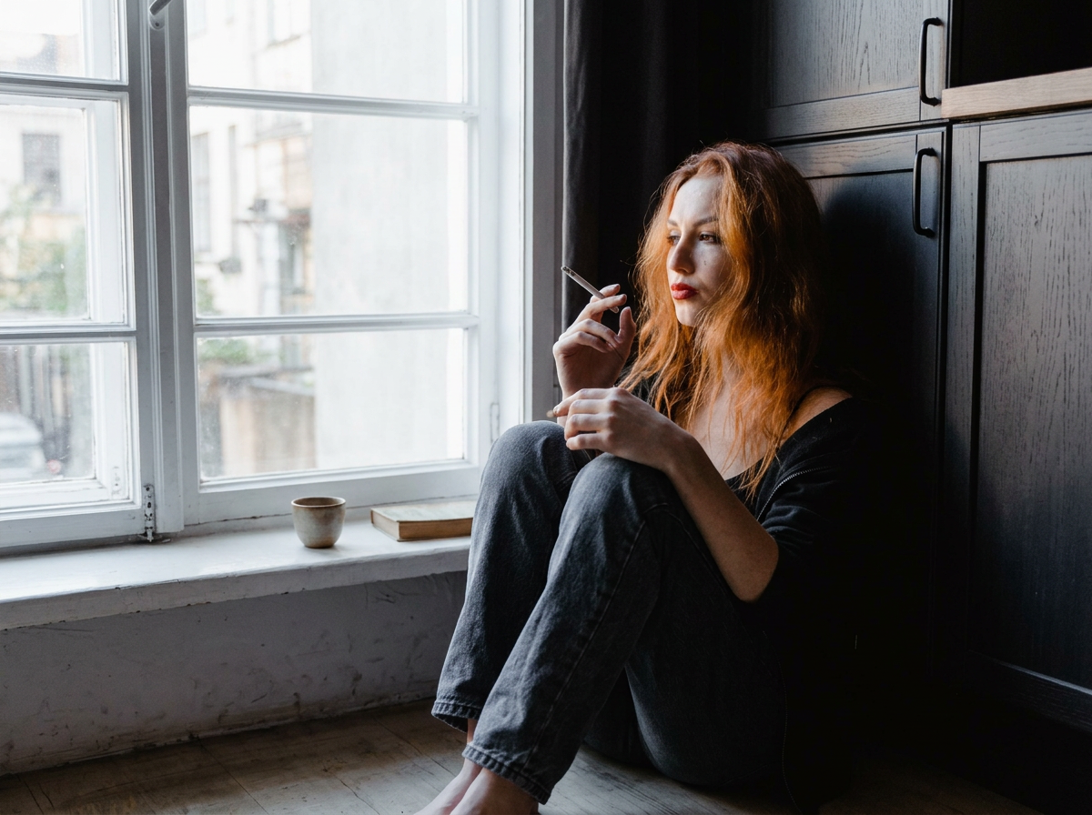 A woman with red hair sitting on the floor by a window, smoking and looking outside in a contemplative mood.
