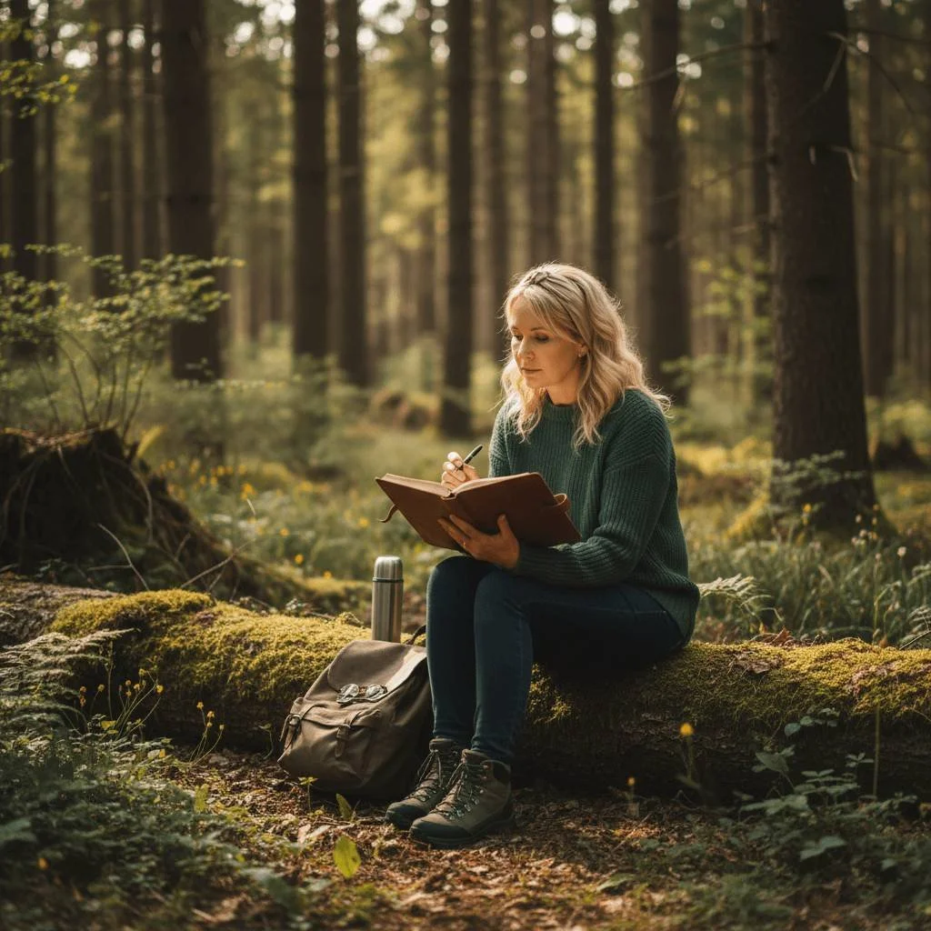 A woman with blonde hair in a green sweater and hiking boots sitting on a moss-covered log in a forest, writing in a notebook with a backpack and thermos beside her.