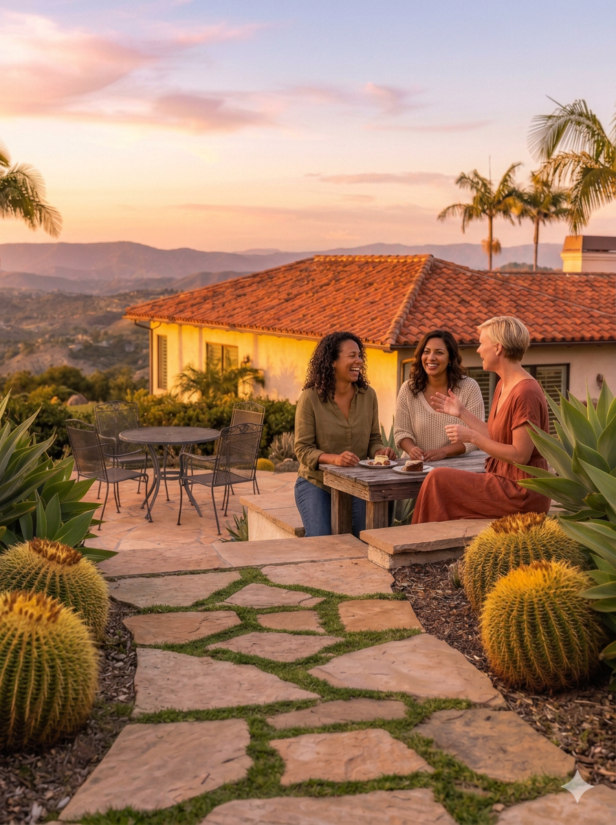 Three women smiling and talking at an outdoor patio table with desserts, during sunset, with mountains, palm trees, and a house with a red tile roof in the background.