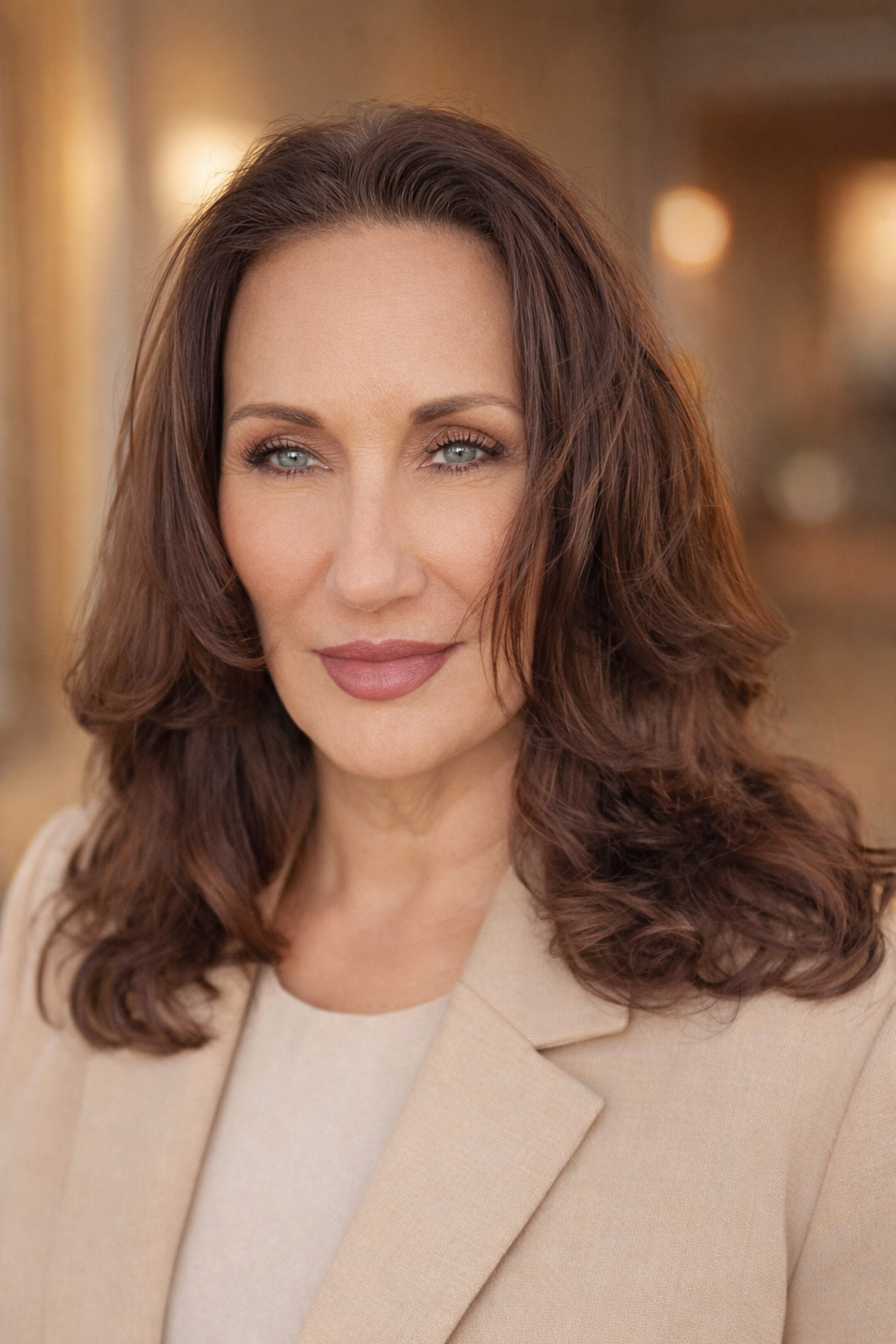 A middle-aged woman with shoulder-length wavy brown hair and blue eyes, wearing a beige blazer, standing in a warmly lit indoor setting.