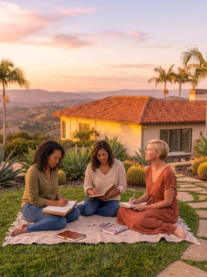 Three women sitting on a blanket in a backyard with a scenic view of hills, palm trees, and a house, as they write in notebooks during sunset.