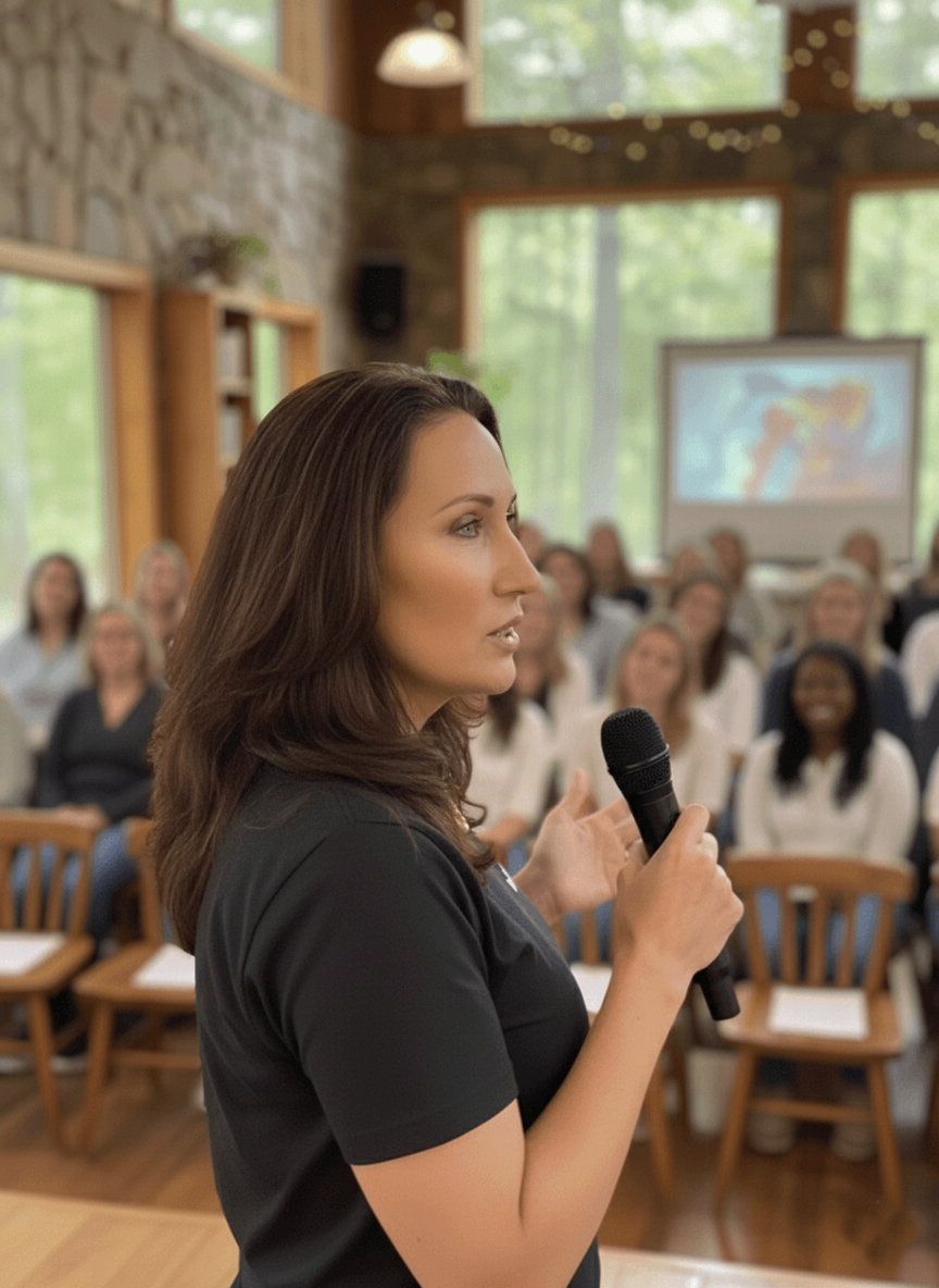 Woman speaking into a microphone during a presentation in a room with large windows and an audience of women sitting on chairs.
