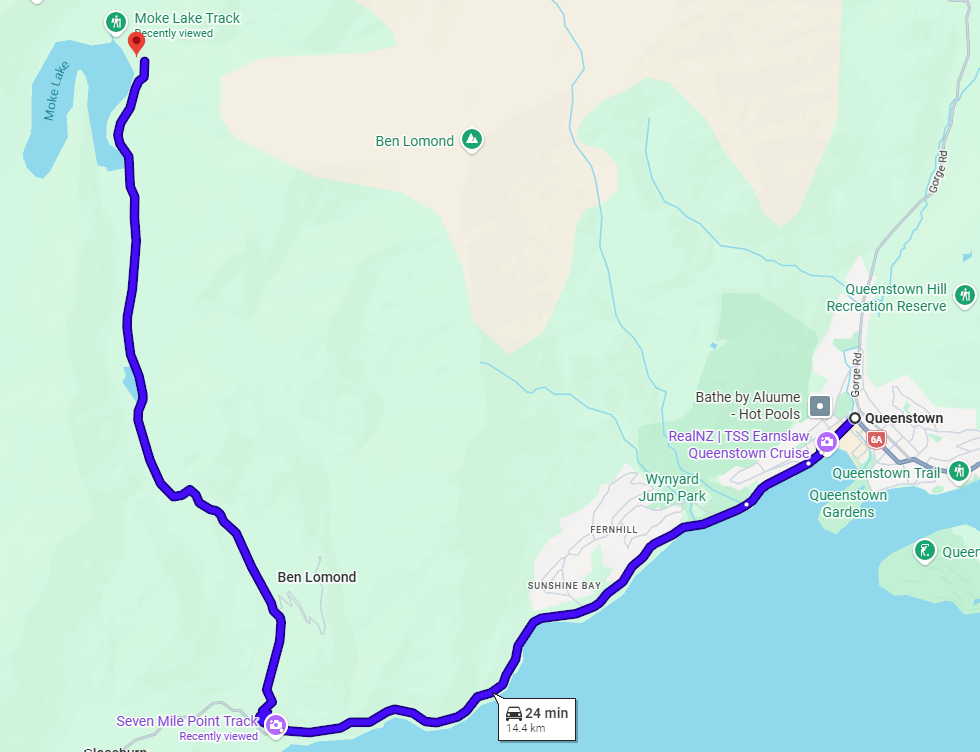 Mapa de Google de como llegar en auto a Moke Lake desde Queenstown