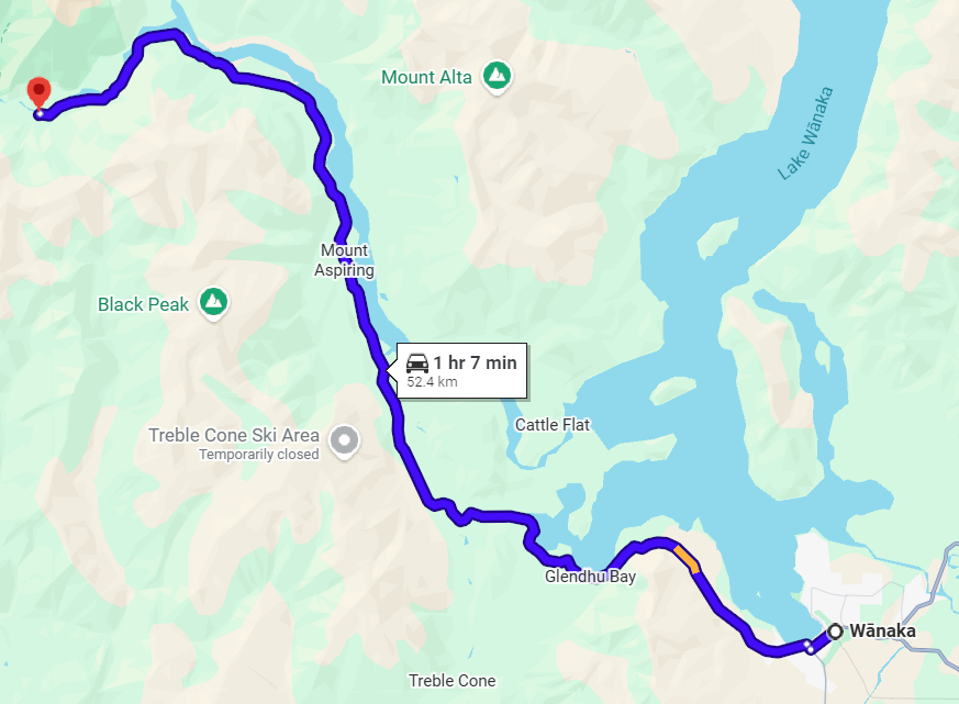 google maps de ruta desde Wanaka al parque nacional Mount Aspiring