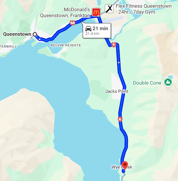 mapa hacia Wye Creek track desde Queenstown