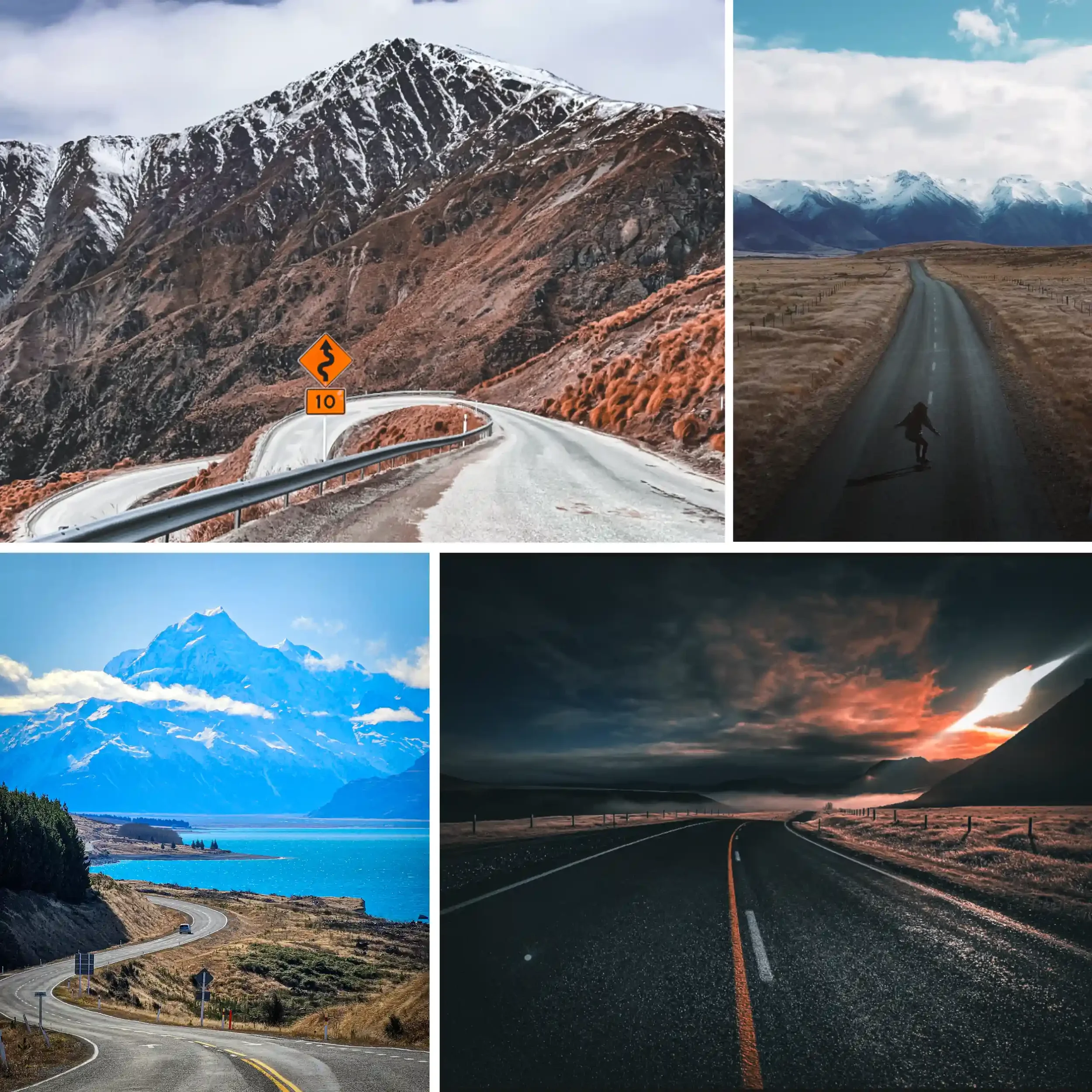 tipos de carreteras con vistas escenicas de la isla sur en Nueva Zelanda