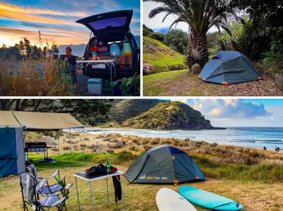 campsites, carpas y tablas de surf en pasto verde frente a la playa en Nueva Zelanda
