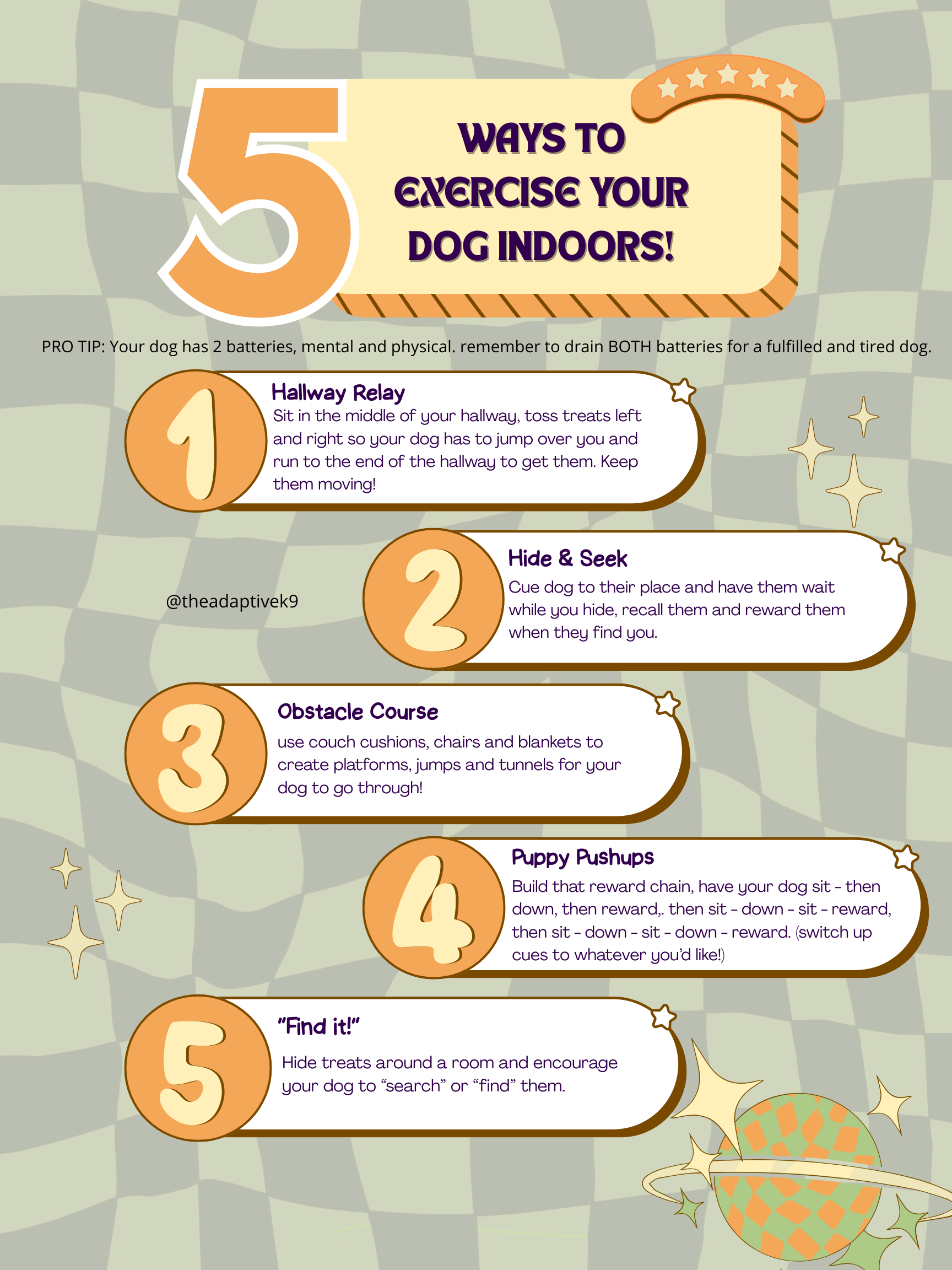 A colorful infographic titled '5 Ways to Exercise Your Dog Indoors!' with five methods listed, including hallway relay, hide & seek, obstacle course, puppy pushups, and find it. Each method has a brief description and a numbered circle with the method's name. The background has a checkered pattern with small star and sparkle illustrations.