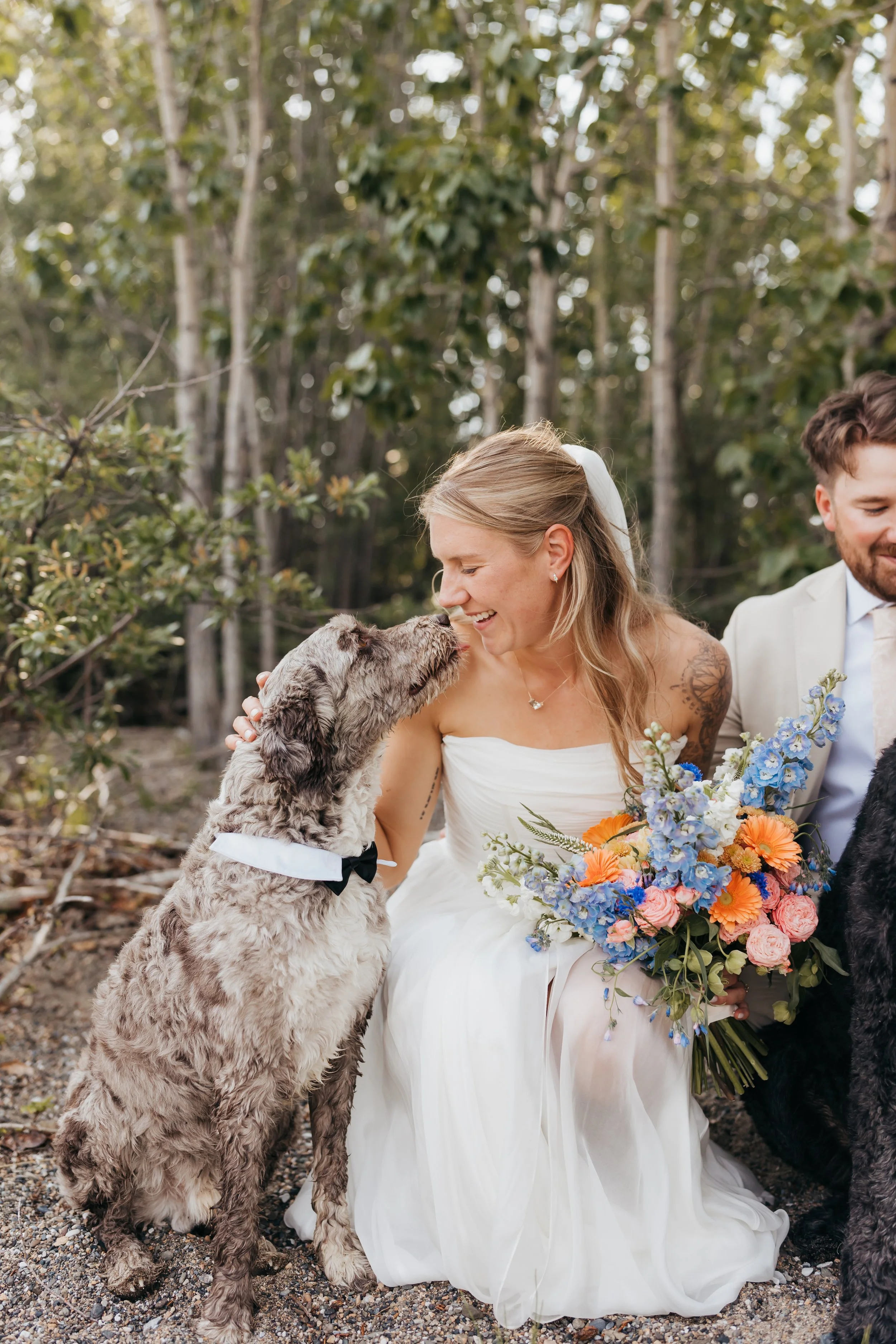 A bride in a white wedding dress, holding a colorful bouquet, sitting on the ground outdoors during a wedding photoshoot. A dog wearing a bow tie is nuzzling her nose affectionately. The background features greenery and trees.