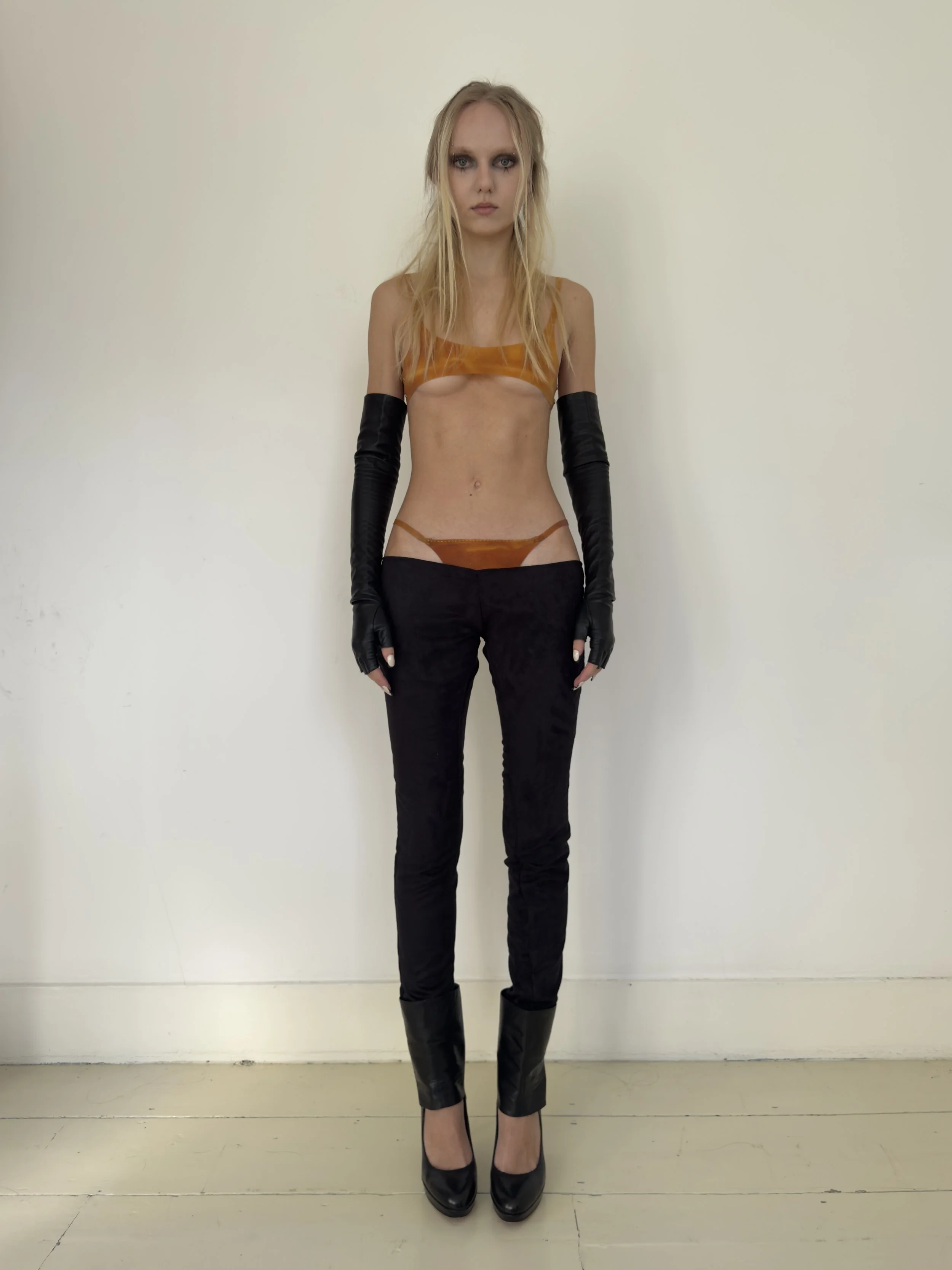 Black Faux Suede Low Waisted Trousers (Pre-order)