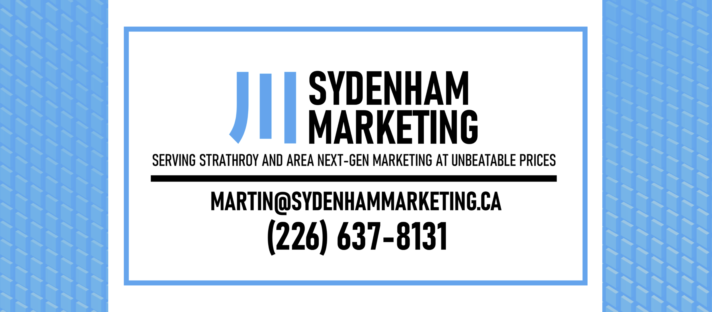 Social Media Graphic for Sydenham Marketing with contact information, including email and phone number, and a window with blue geometric pattern on the sides. Designed by Sydenham Marketing.