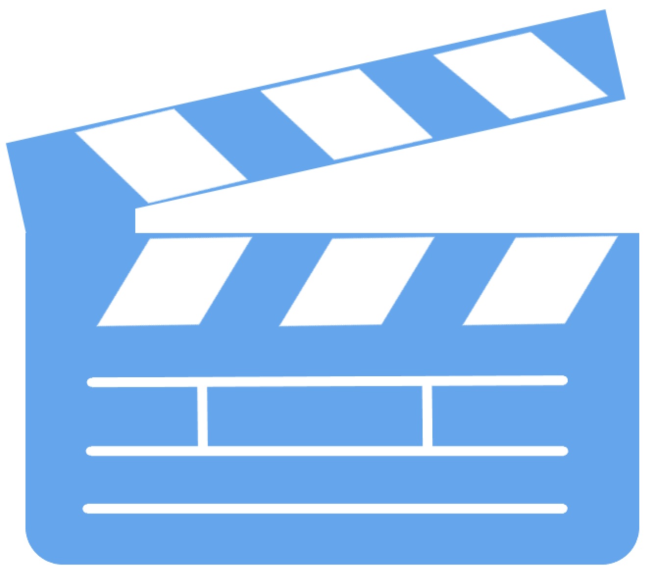 Light blue and white icon of a movie clapperboard. Designed by Sydenham Marketing.