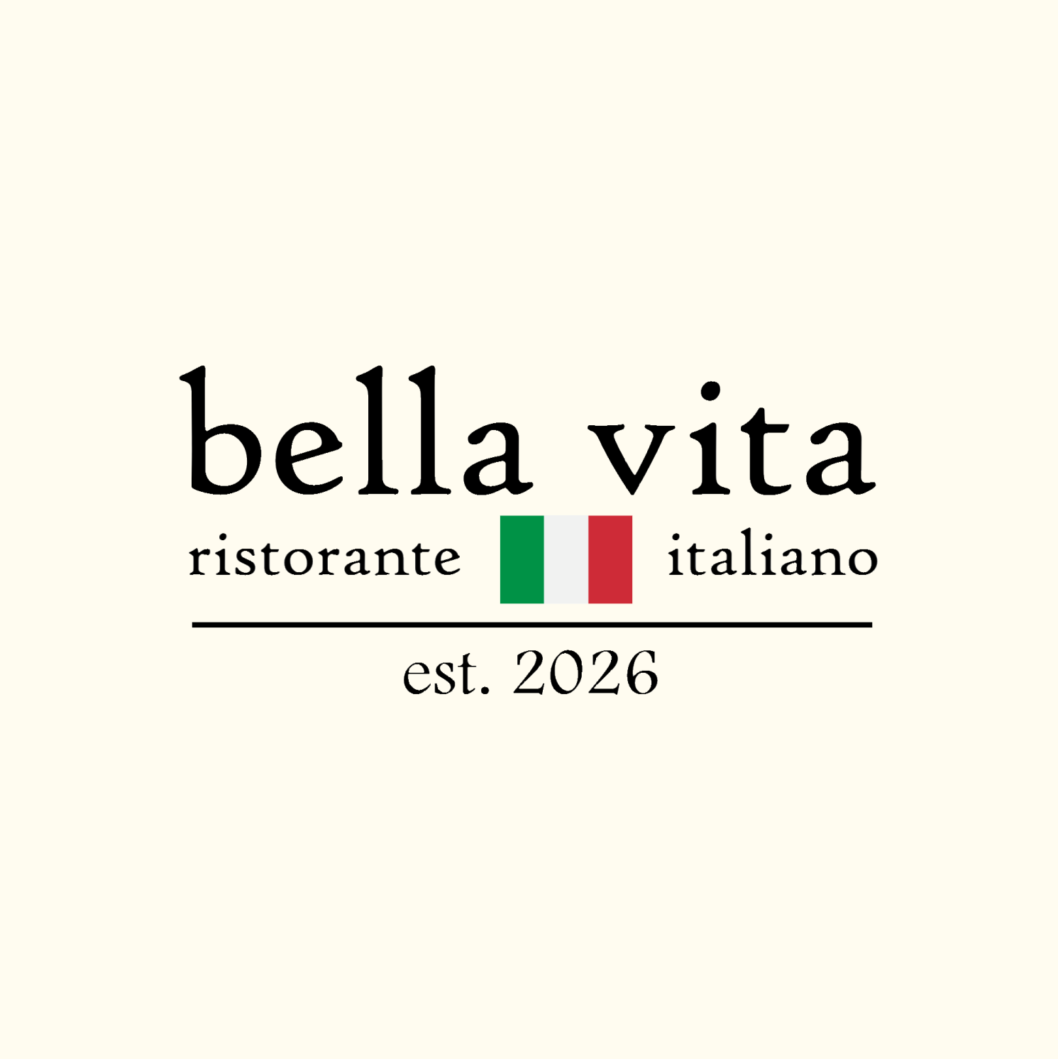 Bella Vita Italian restaurant logo with Italian flag, established in 2026. Designed by Sydenham Marketing.