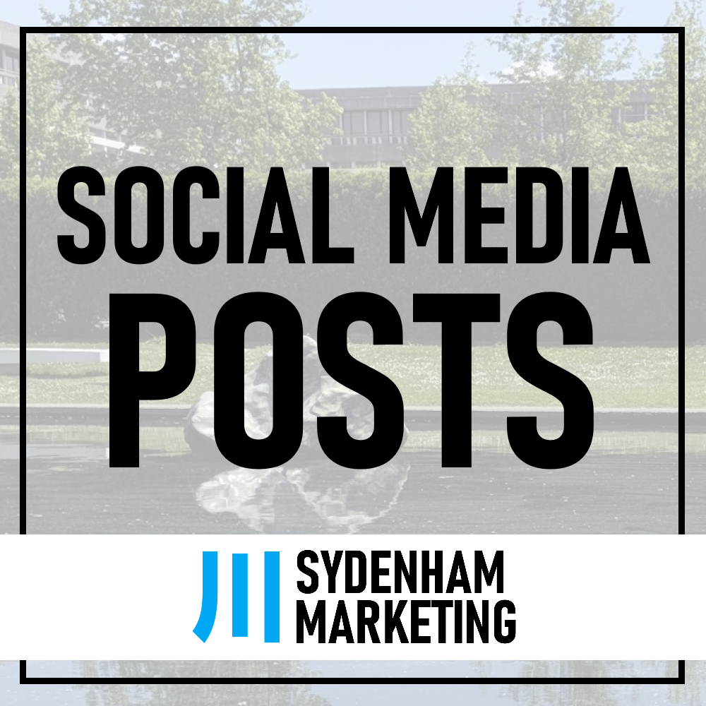 A promotional graphic for social media posts by Sydenham Marketing, featuring a gray background with trees and a building, and bold black text that reads "Social Media Posts" with the company's name and logo in blue and black at the bottom.