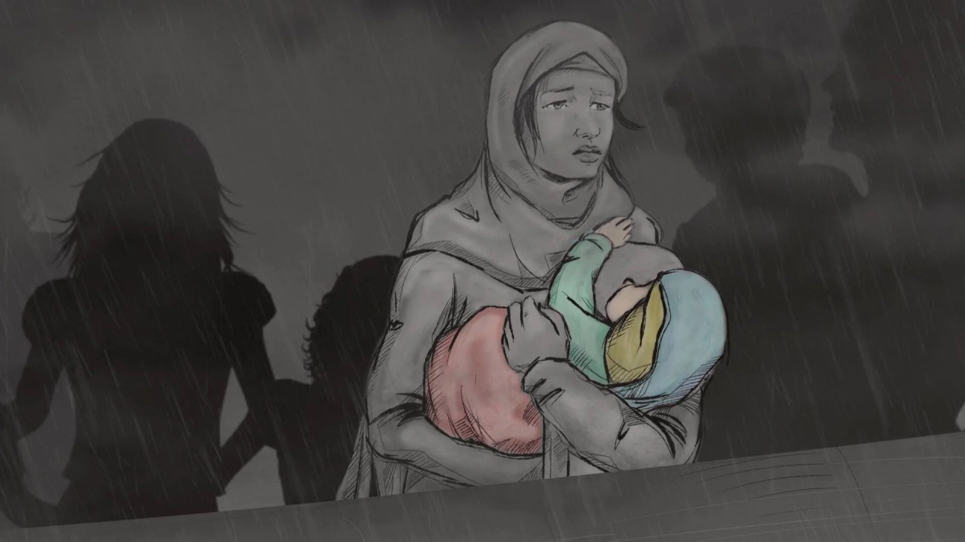 A cartoon image of a woman in a hijab holding a baby