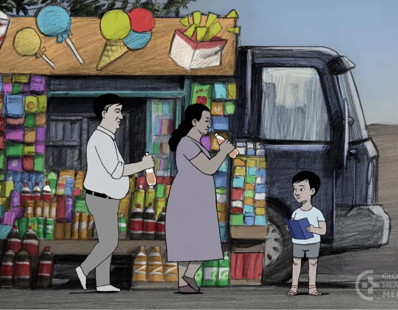 Cartoon of a family at a supermarket
