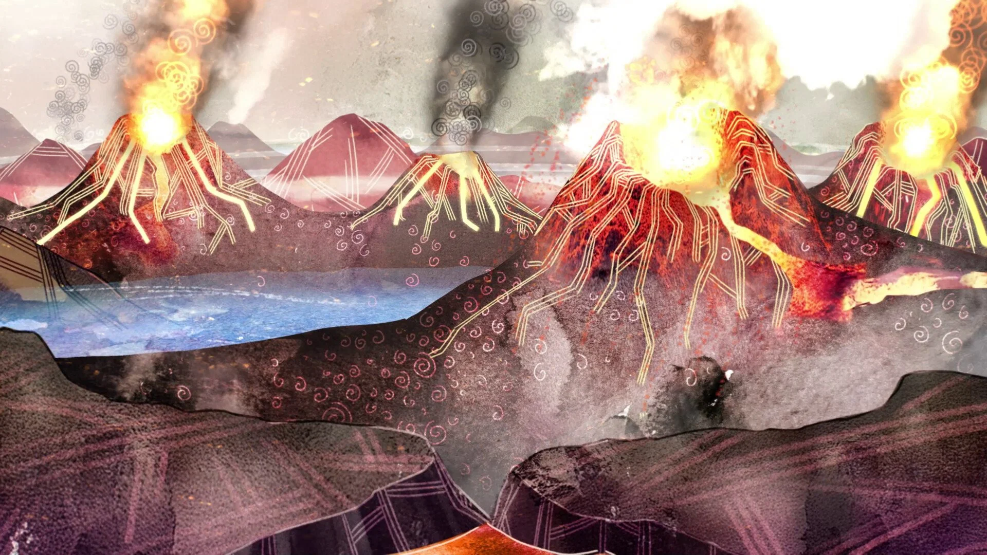 An illustration of volcanoes erupting