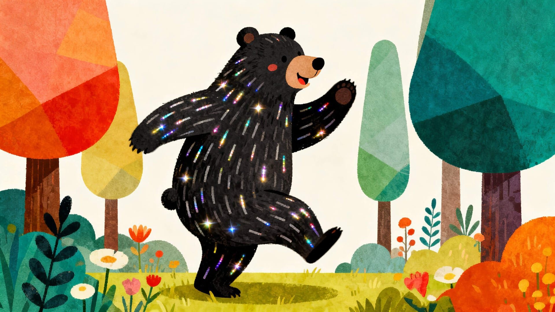 A cartoon bear walks through a forest