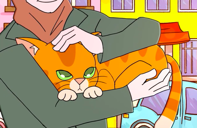An orange cat is held and patted by a woman wearing a hijab