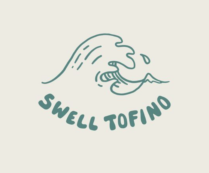 A stylized drawing of a wave with water droplets and a mouth, with the text 'Swell Tofo' below