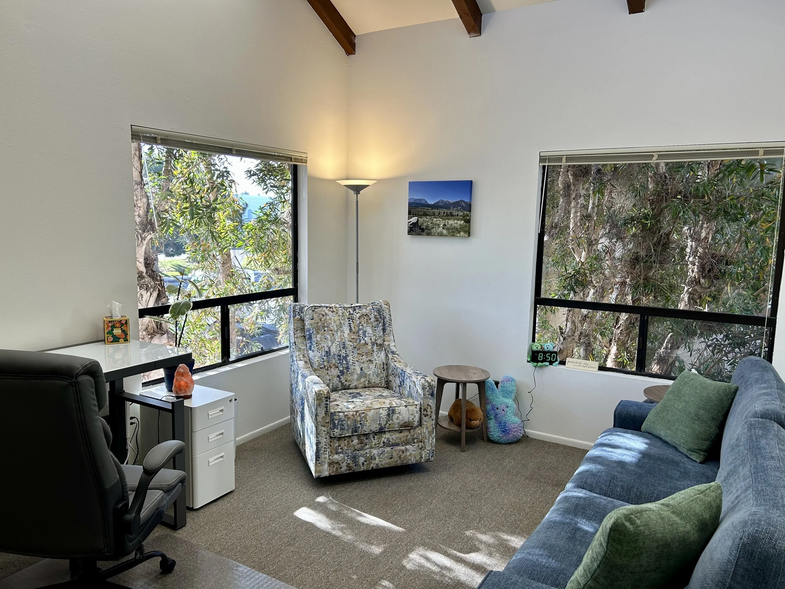 A cozy living room with two large windows showing trees outside. Inside, there's a patterned armchair, a white desk with a small colorful picture and salt lamp, a black office chair, a small side table with a digital alarm clock, stuffed animals, and a blue sofa with green pillows. A wall-mounted picture of mountains is visible above the corner.