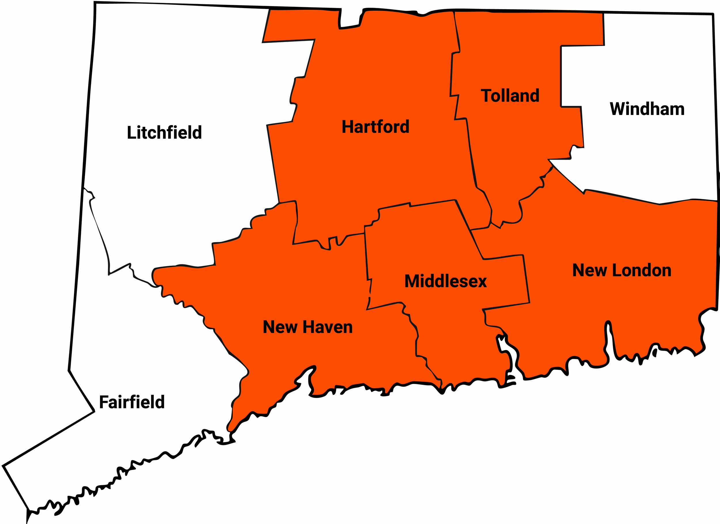 Map of Connecticut highlighting Hartford, Tolland, Windham, Middlesex, New Haven, and New London counties in orange.