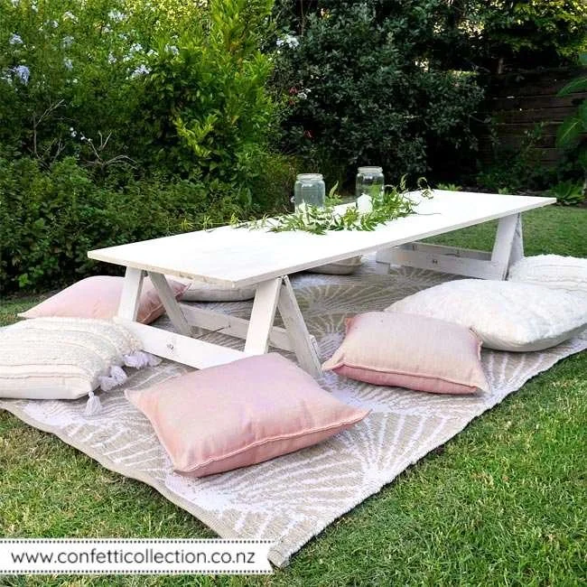 pink-cream-white-picnic-trestle-table-hire-rental-whangarei