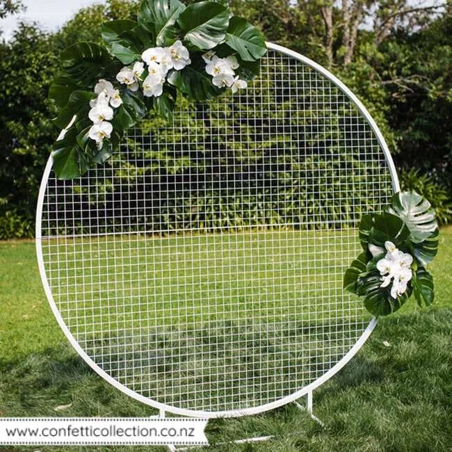 white-mesh-round-circle-arch-wedding-ceremony-event-hire-whangarei-metal