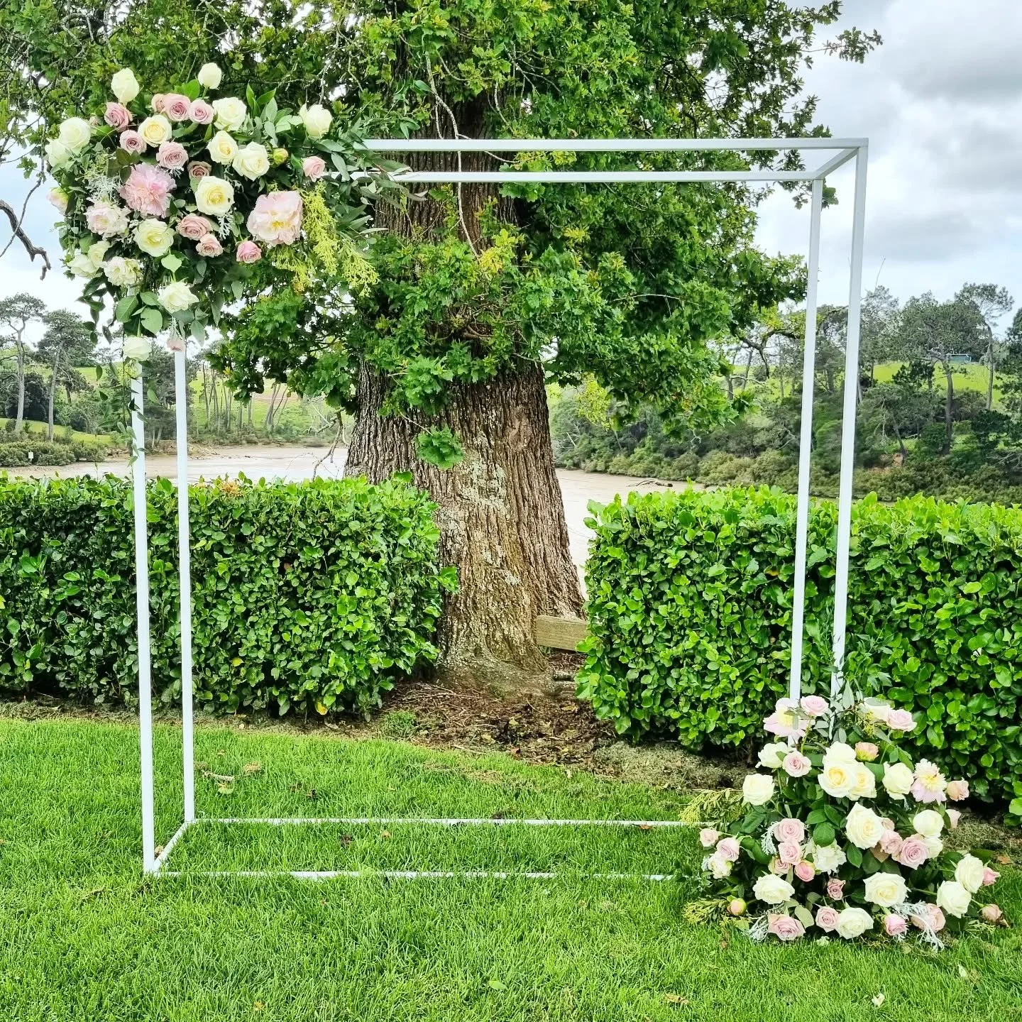 Pretty as a picture frame. The white box arch looking fly, dressed with pink and cream roses and peonies.