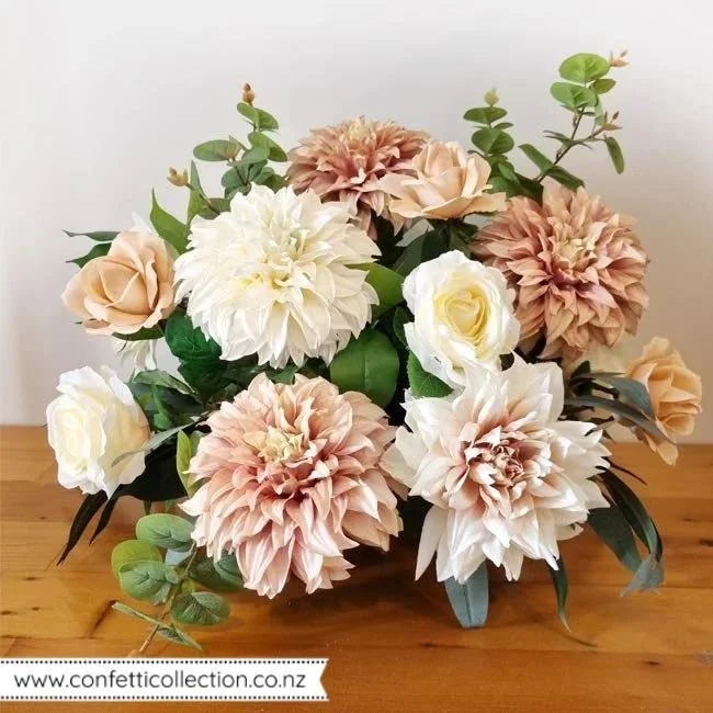 coffee-cream-fake-flower-vase-urn-arrangement-wedding-hire-whangarei