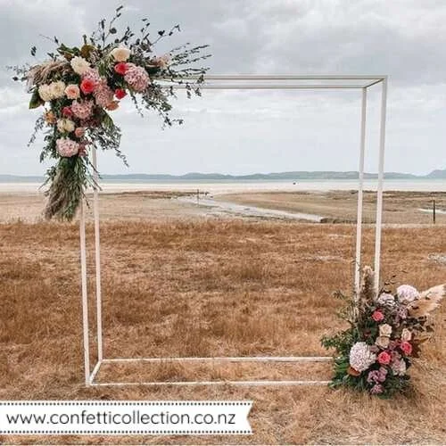 white-metal-box-frame-wedding-arch-hire-whangarei