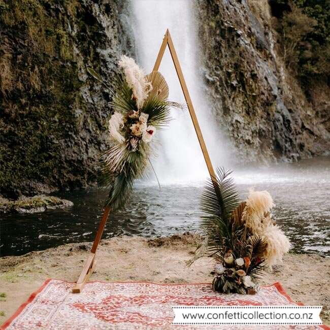 triangle-brown-wooden-arch-wedding-ceremony-event-hire-whangarei-boho