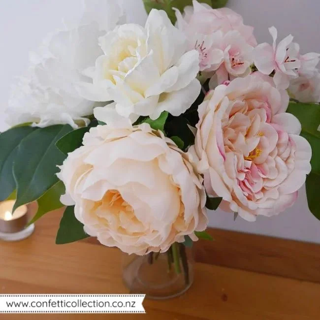artificial-flower-vase-centrepiece-hire-pink-cream-roses-whangarei