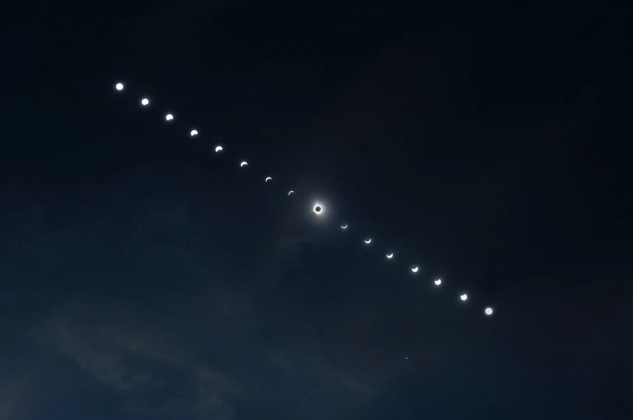 Sequence of images showing the moon with a solar eclipse progression at night.
