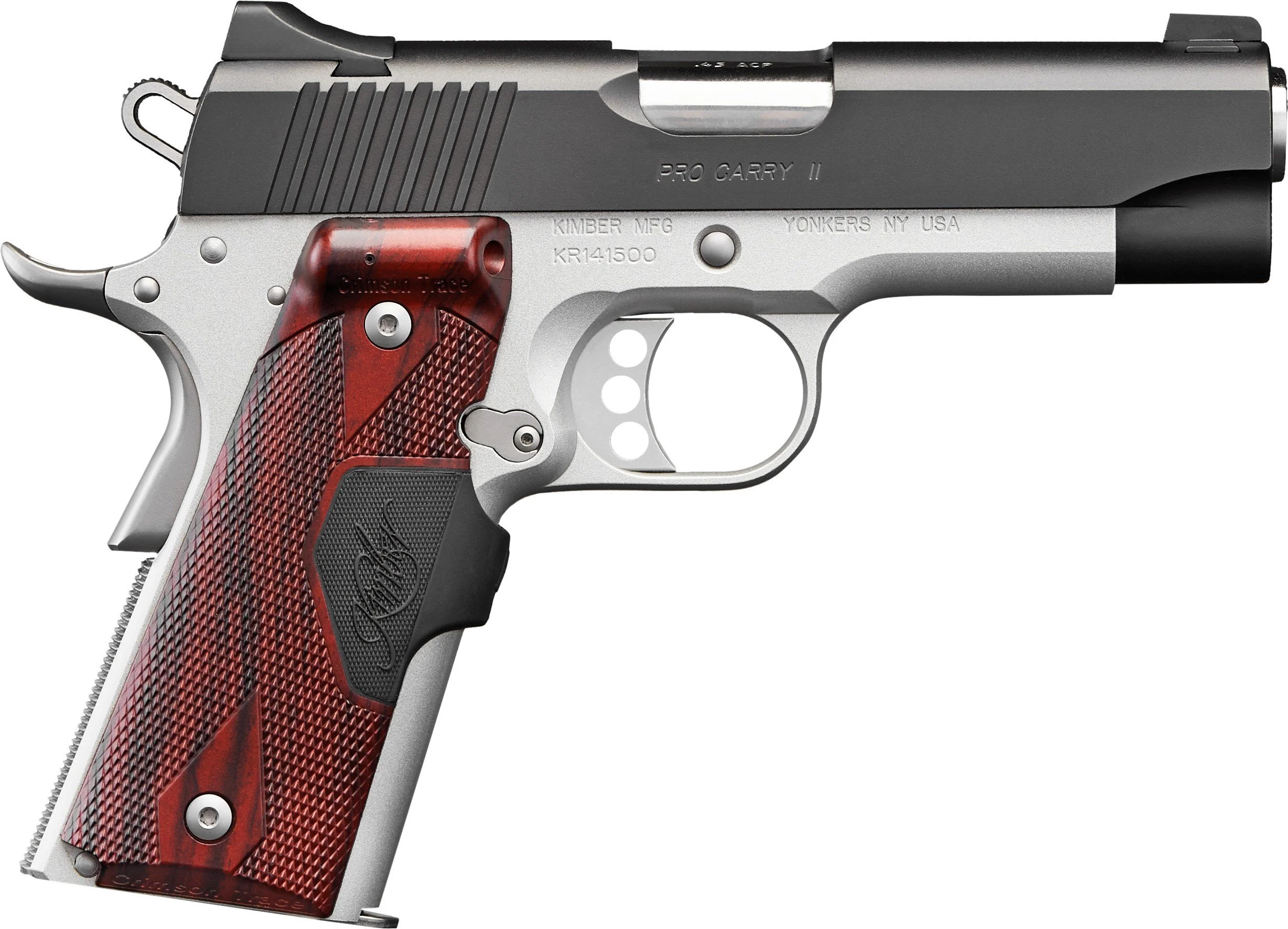 A semi-automatic handgun with a silver and black body, red and black textured grip, and brand markings, positioned horizontally.
