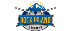 Rock Island Armory logo featuring a mountain, rifles, and a banner with the brand name.