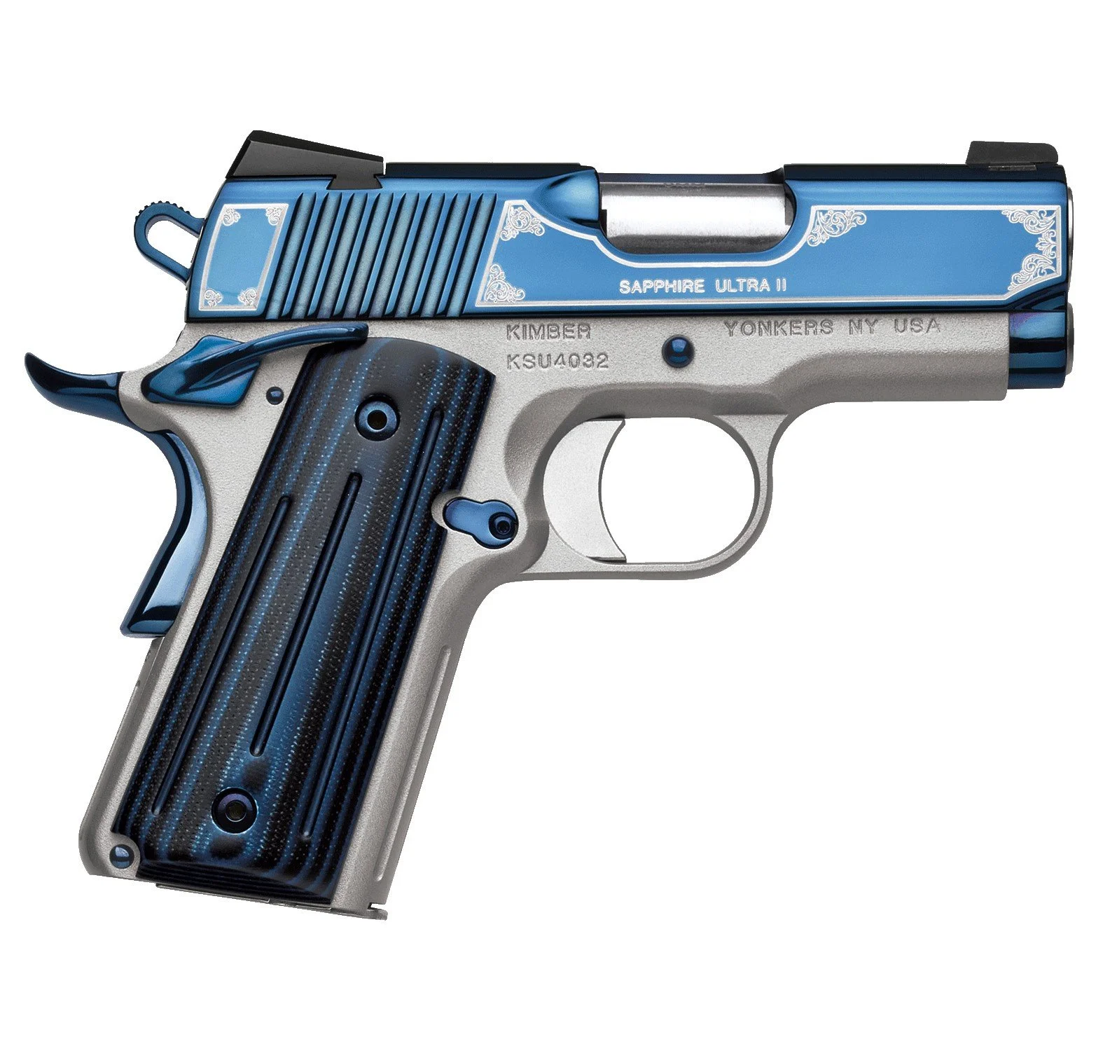 A silver and blue semi-automatic pistol with a decorative design and grip, labeled 'Kimber Sapphire Ultra II'.
