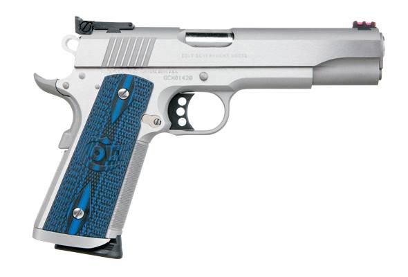A silver semi-automatic pistol with blue textured grip and black sights