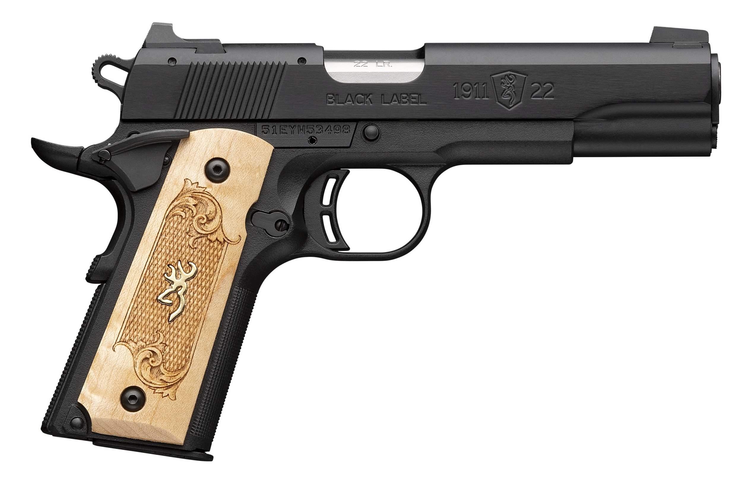 Black semi-automatic pistol with wooden grip panels engraved with a decorative design and a logo