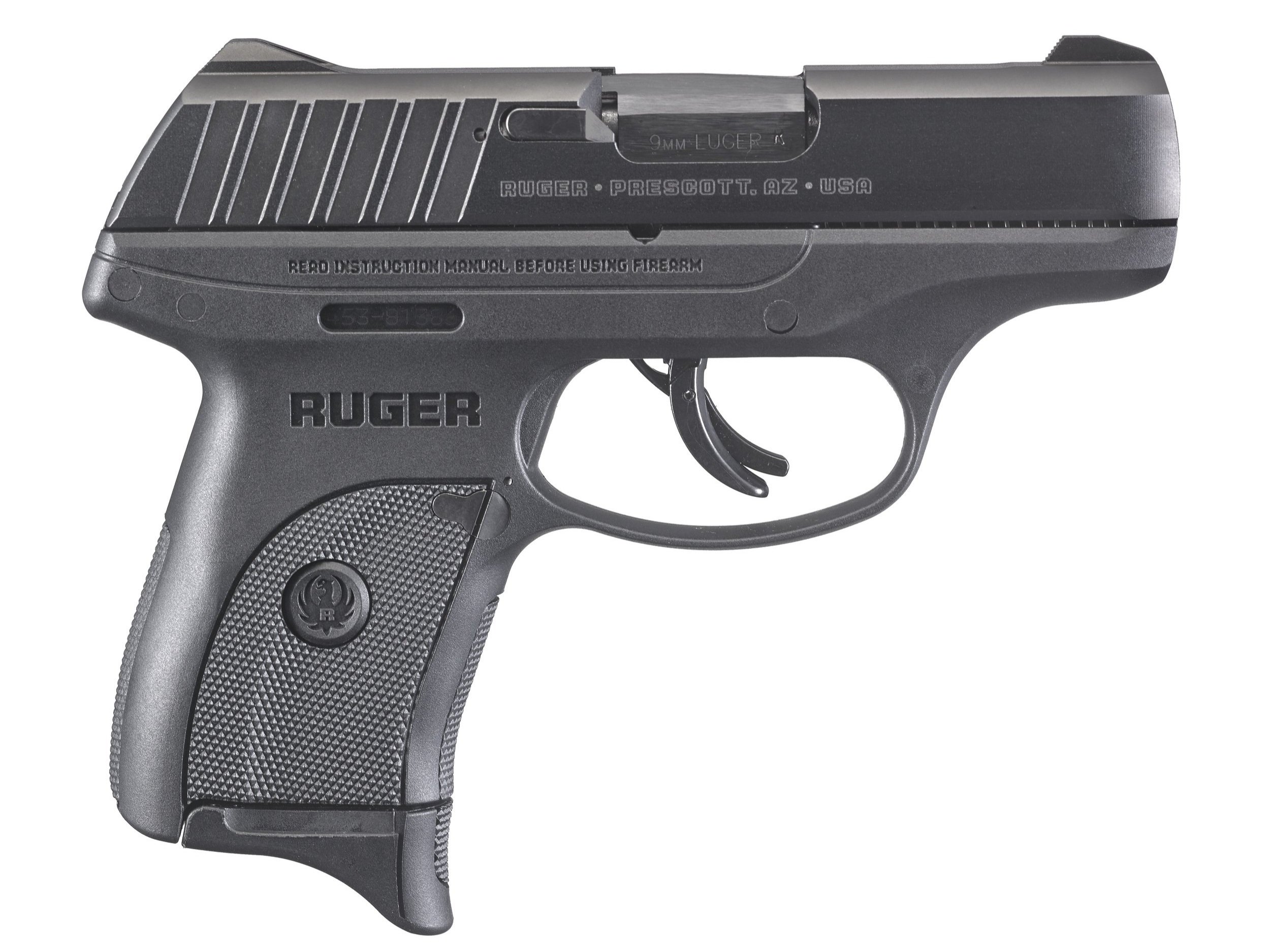 Black semi-automatic pistol with textured grip and slide, marked with 'Ruger' and '9mm Luger', against a white background.