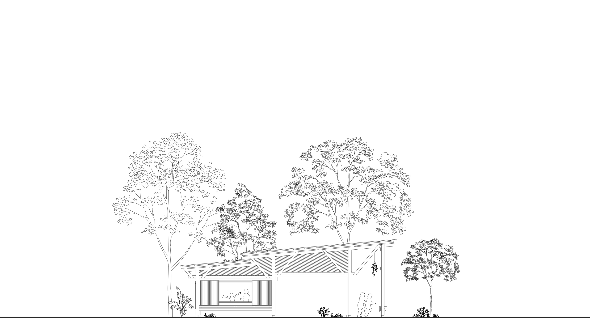 Zeichnung eines Gartenhauses mit Baumkulisse im Hintergrund, Menschen im Inneren und außerhalb des Hauses.