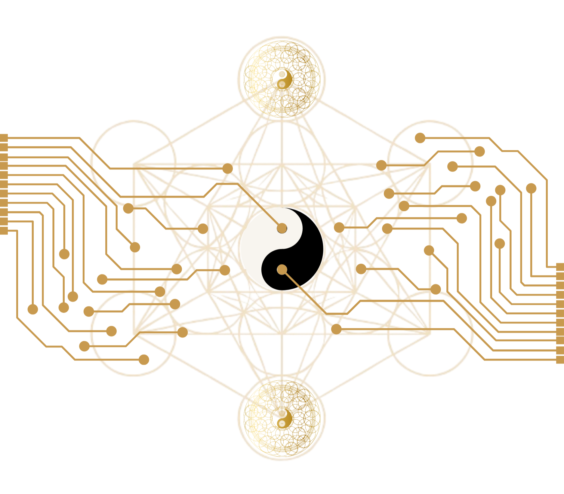 Gold geometric structure with interconnected lines and circles, featuring a central yin-yang symbol.