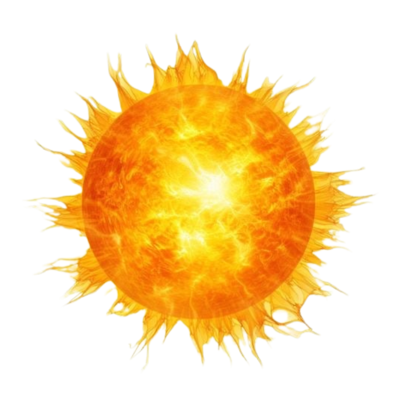 Illustration of the sun with fiery yellow and orange colors, projecting flames outward.