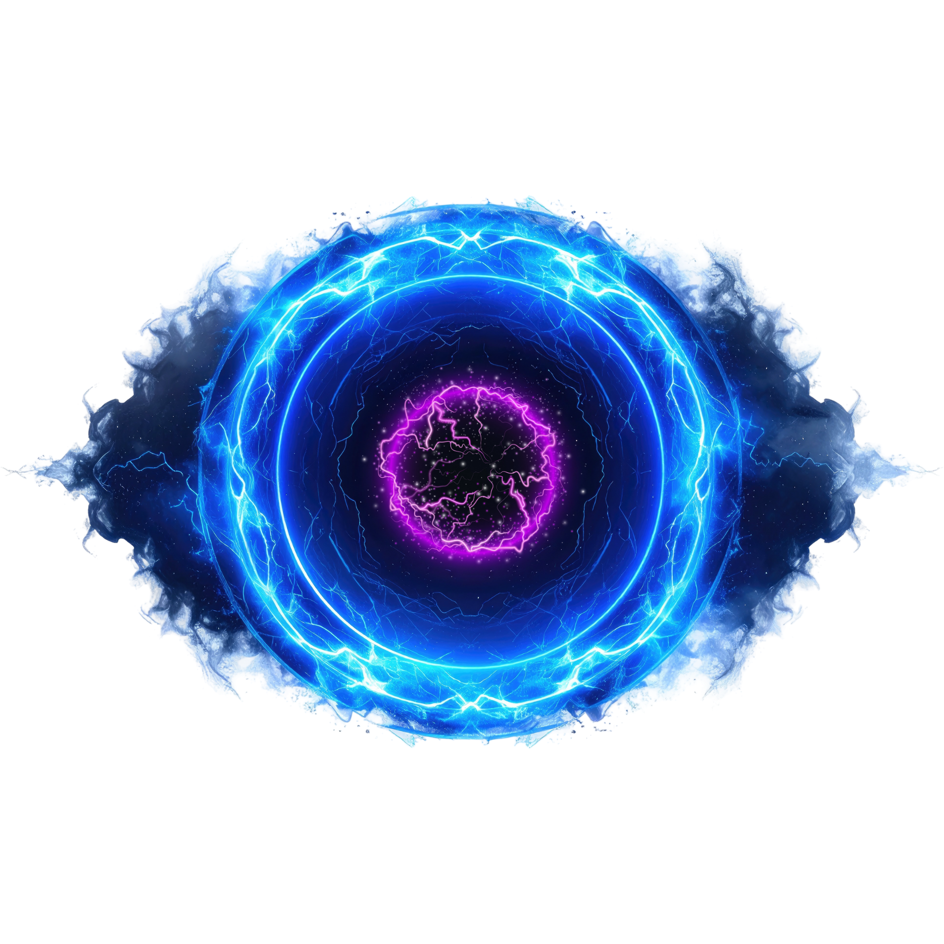 Futuristic digital portal with glowing blue and purple lightning effects, surrounded by clouds and cosmic clouds on a black background.