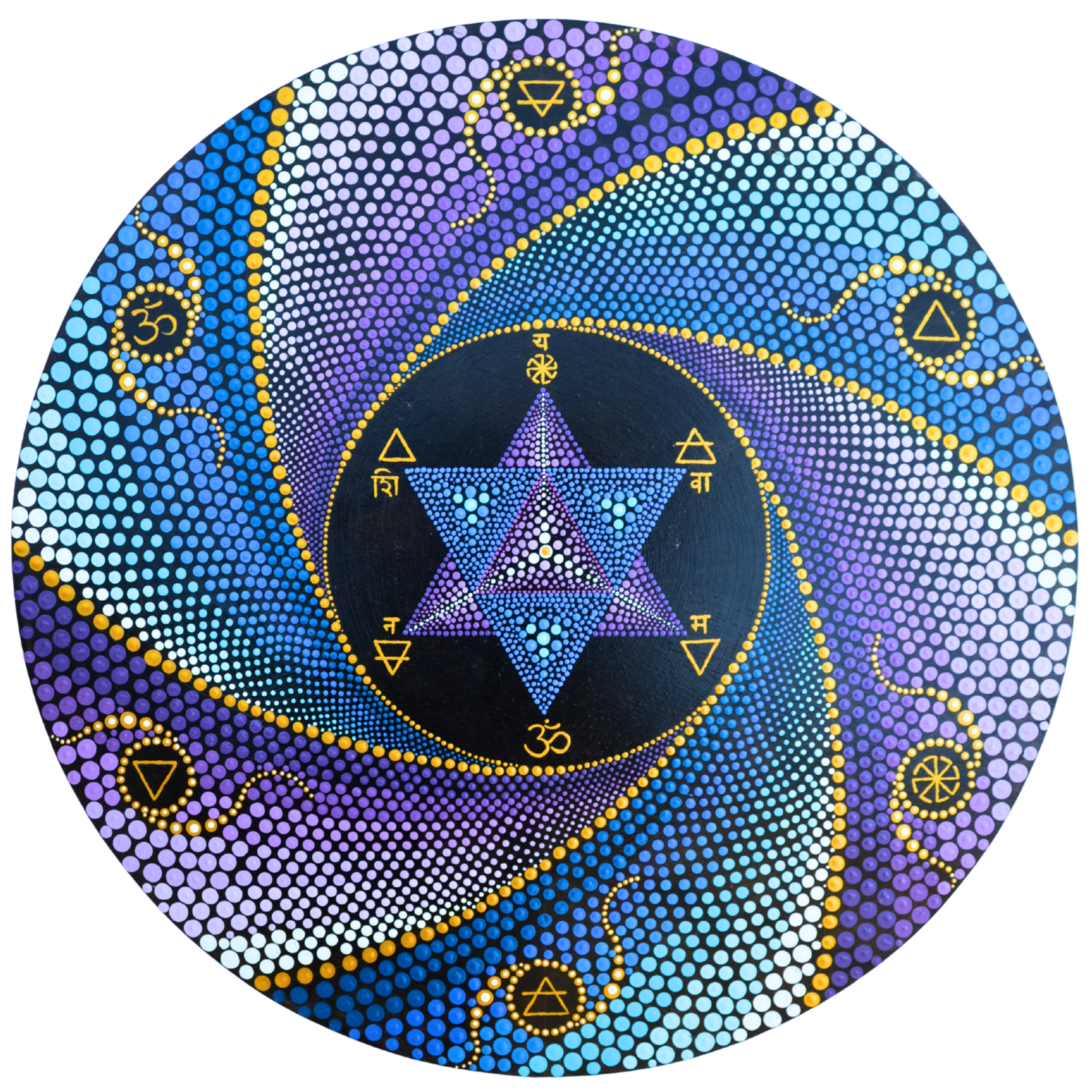 PSYRAMID ART - A vibrant, circular dot painting with a central sacred geometric shape, surrounded by Sanskrit symbols and mystical patterns in shades of blue, purple, white, and gold.